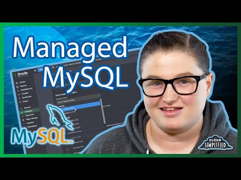MySQL 제품 로고가 있는 제목으로 사용된 Managed MySQL이라는 텍스트가 있는 안경을 쓴 여성.